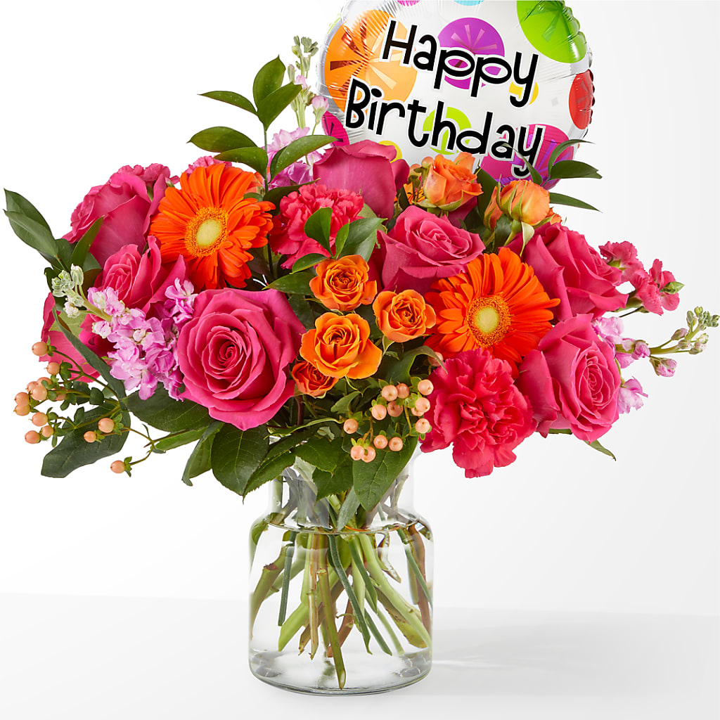 Fiesta Bouquet with Birthday Balloon – KAREN'S FLOWER KOTTAGE, Hayward CA