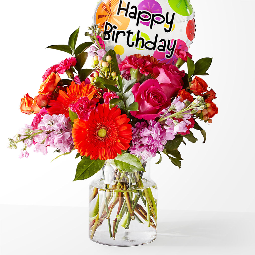 Fiesta Bouquet with Birthday Balloon – KAREN'S FLOWER KOTTAGE, Hayward CA