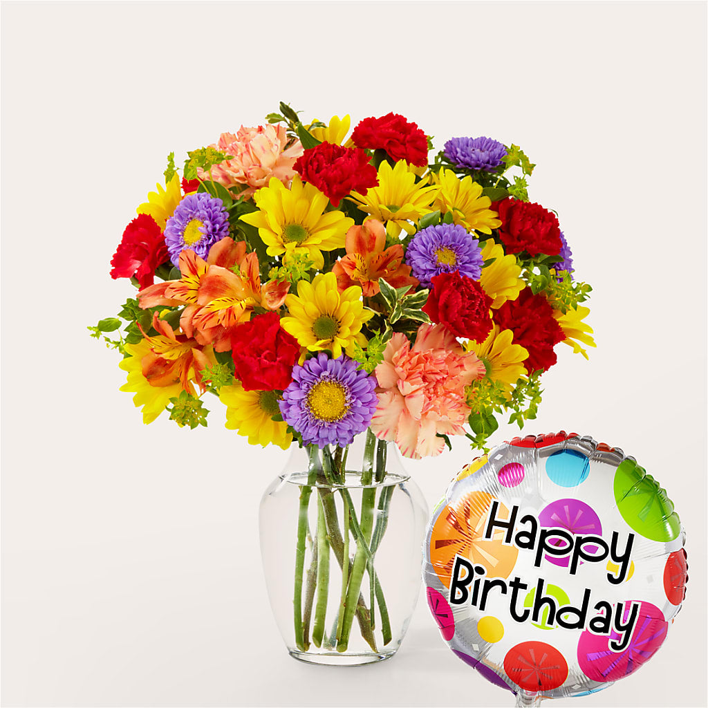 Kaleidoscope Bouquet with Birthday Balloon – KAREN'S FLOWER KOTTAGE, Hayward CA