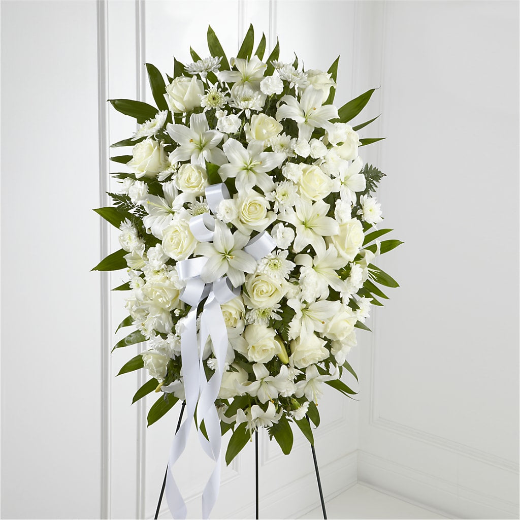 Exquisite Tribute Standing Spray-White Ribbon – KAREN'S FLOWER KOTTAGE, Hayward CA