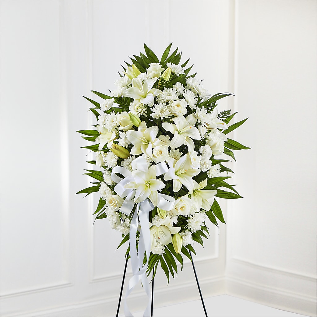 Exquisite Tribute Standing Spray-White Ribbon – KAREN'S FLOWER KOTTAGE, Hayward CA