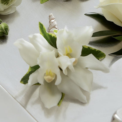 White Mini Cymbidium Boutonniere – KAREN'S FLOWER KOTTAGE, Hayward CA